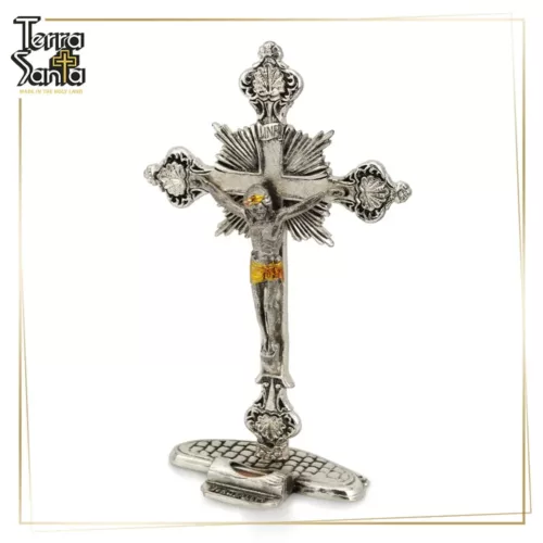 Crucifijo de pie de mesa INRI de Jerusalén Cruz plateada