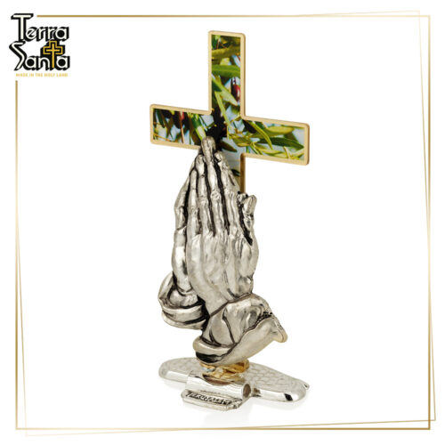 Cruz de Mesa Plateada "Olivo" de Manos Orantes